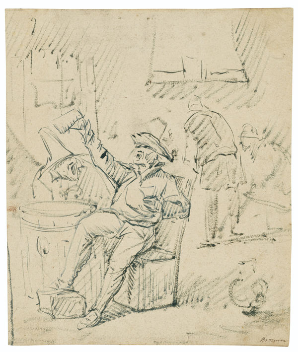 Egbert van Heemskerck (Haarlem 1634 - 1704 London) A Tavern Scene pen and green ink, brush and green ink on laid paper 290 x 250 mm inscribed 'Brouwer', lower right