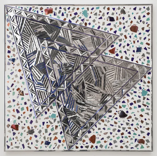Monir Shahroudy Farmanfarmaian Kashi, 2019 Mirror, colored glass, and pottery shards on plaster and wood 39.5 x 39.5 inches