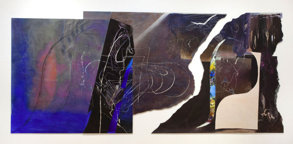 Leslie Shows Seawrack, 2019 Ink, glass, sand, canvas, aluminum Triptych, overall: 72 x 156 inches