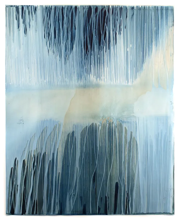 Meghann Riepenhoff Ecotone #1419 (Bainbridge Island, WA Unknown Dates of Exposure, Three Storms) Unique Dynamic Cyanotype 56 x 46 inches, framed Sold