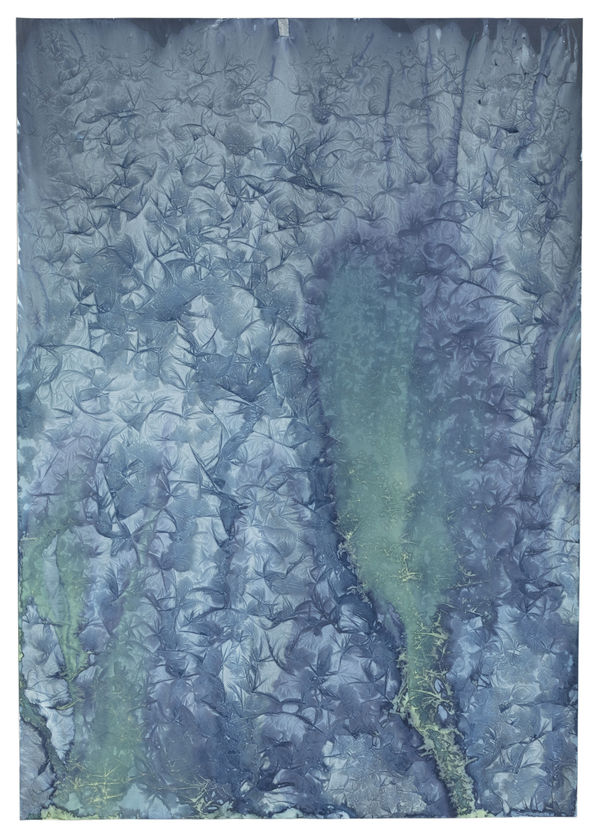 MEGHANN RIEPENHOFF Ice #311 (23-36&deg;F, Puget Sound, WA 2.21-23.22), 2022 Unique Dynamic Cyanotype 64.5 x 46.5 inches, framed SOLD