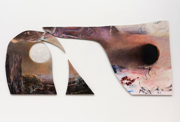 Leslie Shows 2nd Hour, 2022 Ink, oil, acrylic, sand, canvas, aluminum 75 x 38 inches