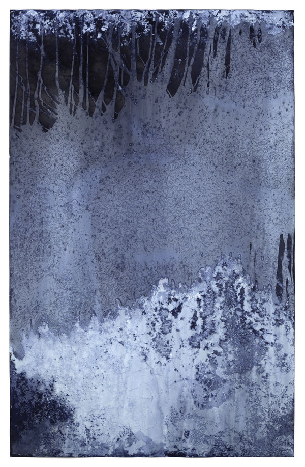 MEGHANN RIEPENHOFF Ice #383 (28-42°F, Puget Sound + Precipitation, WA 12.18-20.22), 2022 Unique Dynamic Cyanotype 64.5 x 46.5 inches, framed SOLD