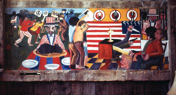 Fresco Mural by Mike Henderson and Christina Schlesinger on campus in 1968, courtesy of Christina Schlesinger