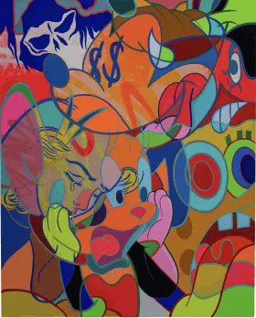 Timmy Sneaks pop art painting of overlapping iconic images.