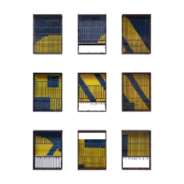 Suki Seokyeong Kang (1977–2025) Mat 55 x 40 — Bolds #21-02, 2021 Painted steel, woven dyed Hwamunseok, thread, wood frame, brass bolt, leather scraps Total Dimensions: 106 1/8 x 78 1/4 x 33 3/8 inches 269.5 x 198.5 x 84.7 cm Each Piece Dimensions (9 Total): 22 1/2 x 16 1/2 x 6 3/8 inches 57 x 42 x 16 cm Stand Dimensions: 106 1/8 x 78 1/8 x 26 3/4 inches 269.5 x 198.5 x 67.7 cm