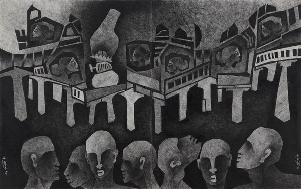 Ashok Bhowmick Untitled Pen & Ink, acrylic on paper Diptych 28 x 44 inches 1995