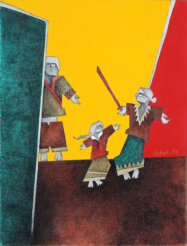 Ashok Bhowmick The stage Pen & ink, acrylic on archival paper 24 x 18 inches 2013