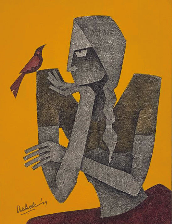 Ashok Bhowmick Untitled Acrylic, pen and ink crosshatch on canvas 24 x 18 inches 2024