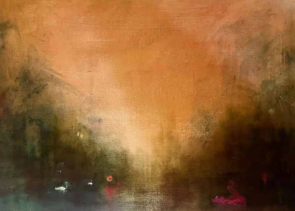 Mary Grant, Swans and Drifting Flamingo on Lake at Dusk, oil on canvas, 30 x 40 cm, 2024