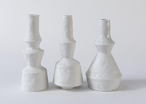 TINA ROSKRUGE Distance - Series 1 18 x 30 x 10 - Size of each vessel in group left to right; porcelain / glaze £400
