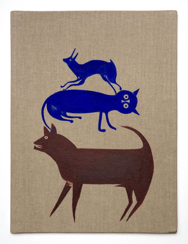 JANE DICKINS Blue Cat with Dog and Hare 2021 Acrylic paint on organic linen board 48cm high x 38cm wide SOLD
