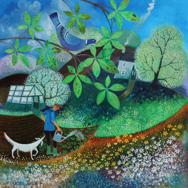 Lisa Graa Jensen 'WATERING THE SEEDLINGS' Acrylic Inks and Gouache on Paper 43 x 43 cm SOLD