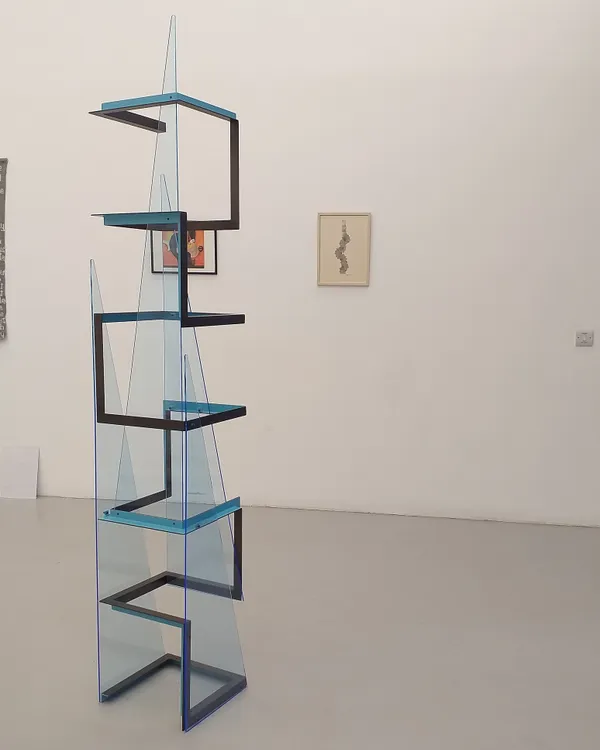 Sheila Vollmer Blue Lift I 2018, primed painted steel and tinted perspex H 195 x W 35 x D 35 cm