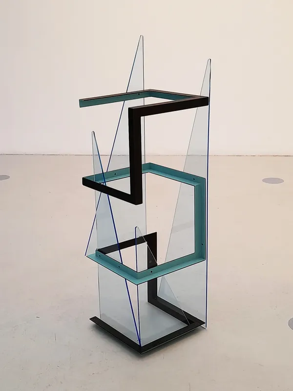 Sheila Vollmer Blue Lift II 2018, primed painted steel and tinted perspex H 120 x W 35 x D 35 cm