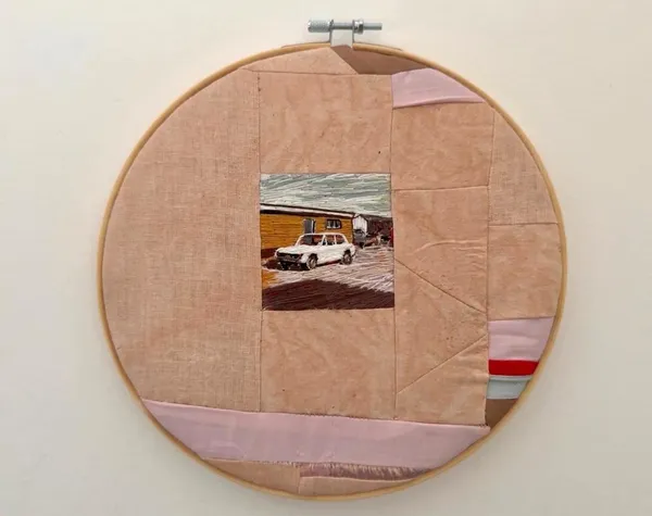 Tisna Westerhof Suspended Animation I Naturally hand dyed cotton, silk, linen, embroidery thread, wadding, embroidery hoop 23cm x 23cm £750