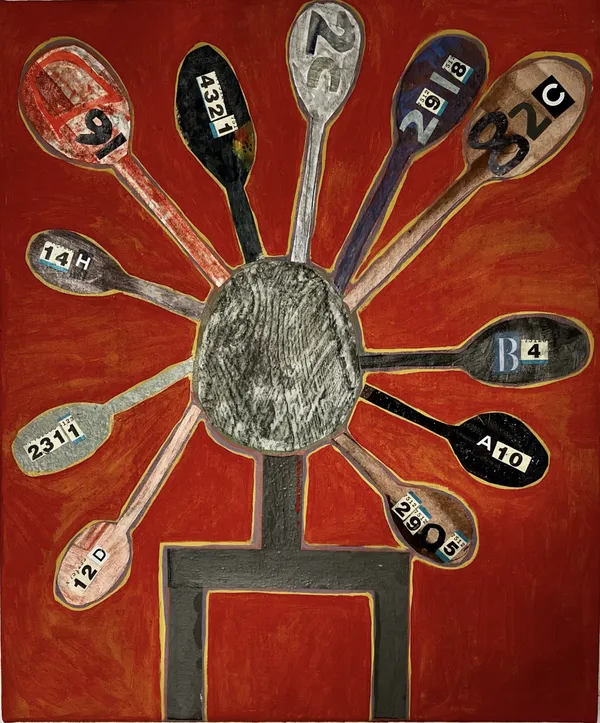 Wendy Anderson 'Four Weeks' Collage and hand made oils on canvas 63cm x 53cm POA