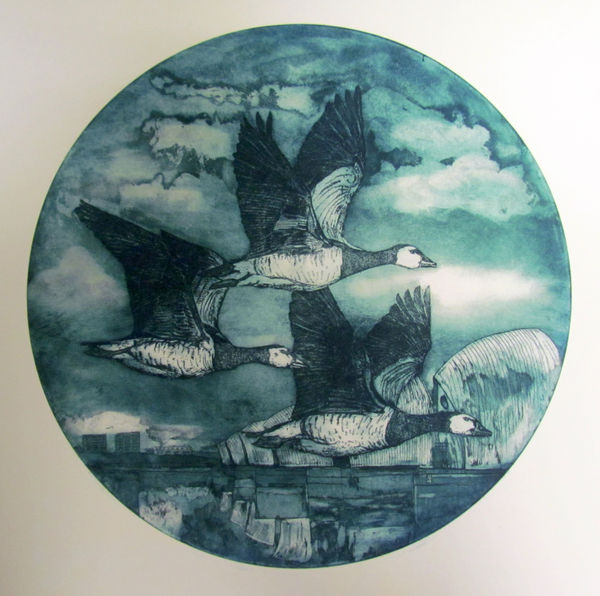Tim Mitchell BARNACLE GEESE, WINTER SOLSTICE, THAMES BARRIER, LONDON Aqautint etching, print Edition 12 of 50 50 x 50cm £335 (framed) £285 (unframed)