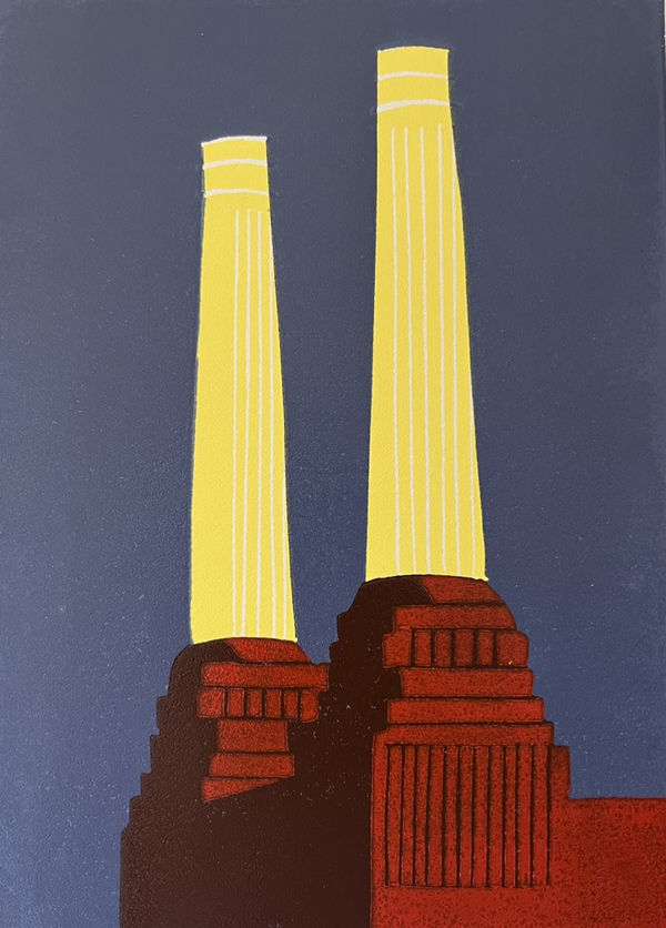 Jennie Ing BATTERSEA'S CHIMNEYS Reduction linocut print Edition 5 of 30 43 x 33cm £130 (framed) £95 (unframed)