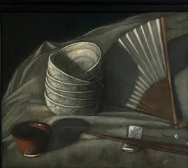 Diane Urwin Chopsticks and Fan Acrylic on Board Framed- 47 x 42 x 4cm Unframed- 30 x 25 x 1cm £575