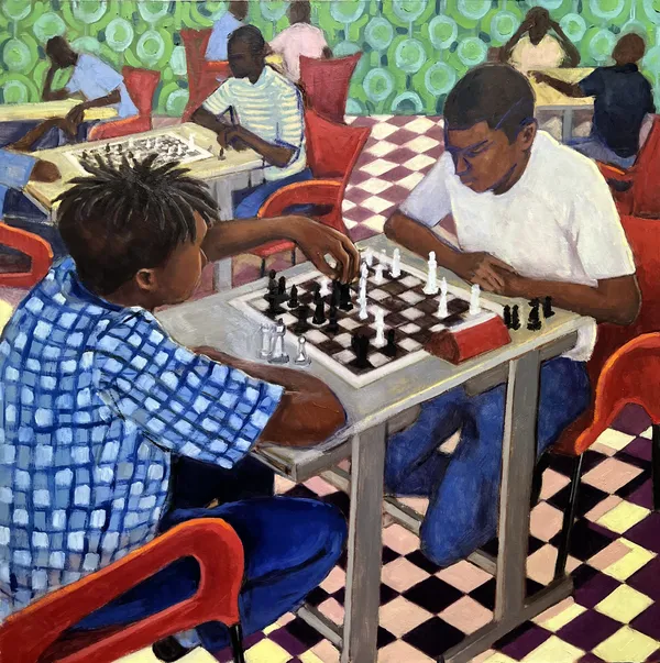 Anne Blankson-Hemans Duel of Wits 2023 Oil on Board 60 x 60cm 80 x 80cm framed £1250