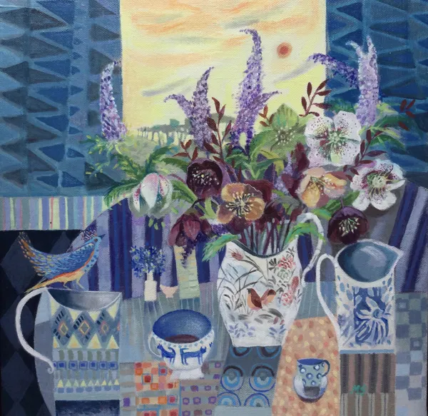 Morag Stevenson Hellebores in Chinese Jug Acrylic on linen board 40 x 40cm Framed- 63 x 63cm £625