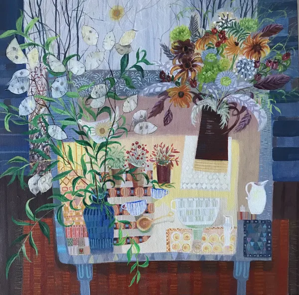 Morag Stevenson Honesty and Birthday Blooms Acrylic on linen board 40 x 40cm Framed- 63 x 63cm £595