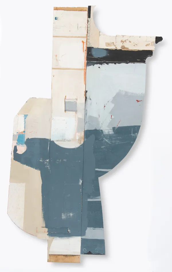 Karen Stamper Ghost Shipments 2023 House paint, varnish, paper collage on wooden panel 153 x 90cm £3200