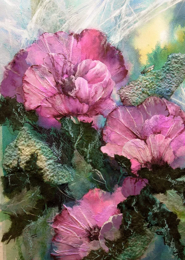 Linda Travers Smith Magenta Peonies With Grasshopper Mixed Media Framed- 70 x 53cm Unframed- 49 x 35cm POA