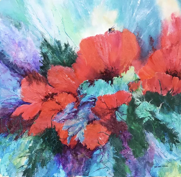 Linda Travers Smith Poppies with Bee Mixed Media Framed- 58 x 59cm Unframed- 36 x 37cm POA