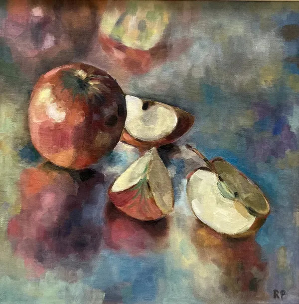 Rachel Parker Apples and Reflections Oil on Board Framed- 39.5 x 39.5 x 3cm Unframed- 30 x 30 x 1cm £525