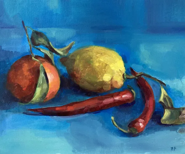 Rachel Parker Orange, Lemon and Chillis Oil on Board Framed- 42 x 37 x 3cm Unframed- 25 x 30 x 1cm £525