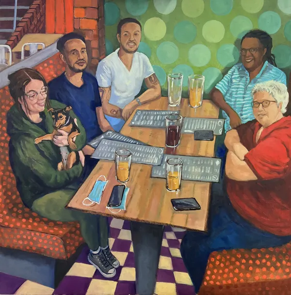 Anne Blankson-Hemans And We Weren't Allowed Alcohol With Our Meal 2022 Oil on Board 60 x 60cm 80 x 80cm framed £2500