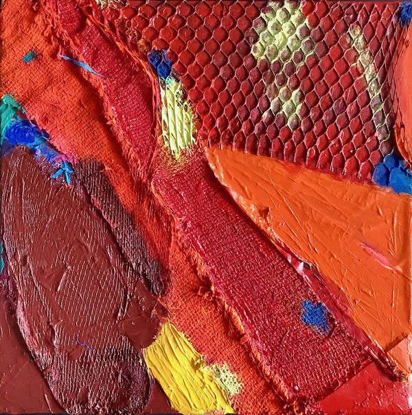 Anthony Frost The Red Spill Acrylic and pumice on sacking- rip stop and sail 41 x 41cm £4000