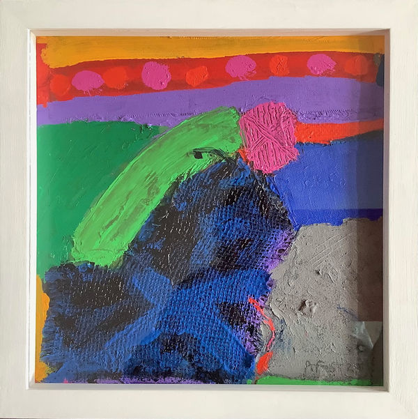 Anthony Frost Rhythm Zero Acrylic on rip stop, sacking, sofa sample material, on canvas and paper 33 x 33cm £2000