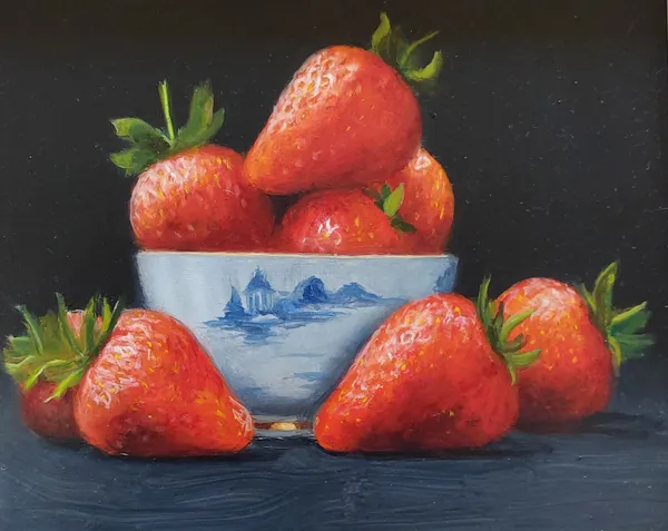 Jacqueline Taber Huge Strawberries Oil on gesso board 20 x 25 cm £695