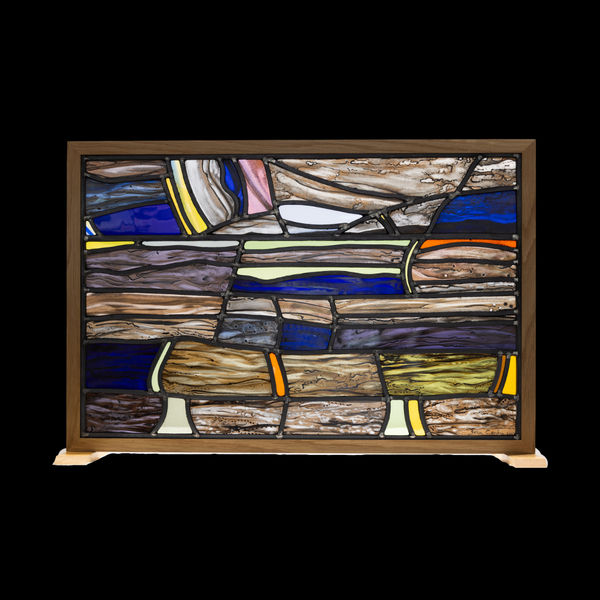 John Corley French Coast - Winter II, 2025 Painted leaded glass in oak frame and stand 45 x 70 x 15 cm