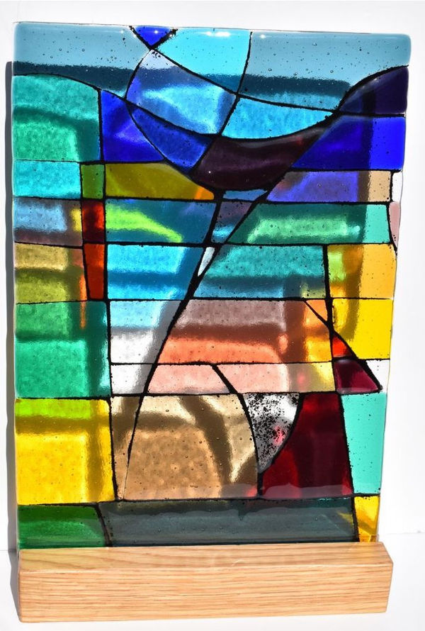 John Corley Summer Dawn Detail I, 2023 Fused glass set in oak stand 30.9 x 20.8 cm