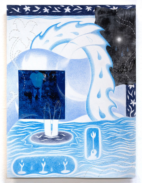 Ghosts of an Emergence, 2022, colored pencil, photo transfer, and thread on paper, 9 x 12 inches