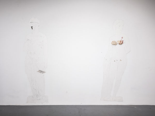 The Dawn of Small Town Mergers (After Erastus Dow Palmer), 2023 Graphite and collage on drafting paper, wheatpaste The White Captive (After Erastus Dow Palmer), 2023 Charcoal on drafting paper, bread dough, plastic take-out bags, holes, wheatpaste