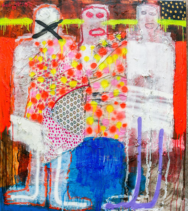 Bob-Nosa - Shut up II - 2019 - 122cm H x 106cm W - Acrylic, fabric collage and spray paint on textured canvas