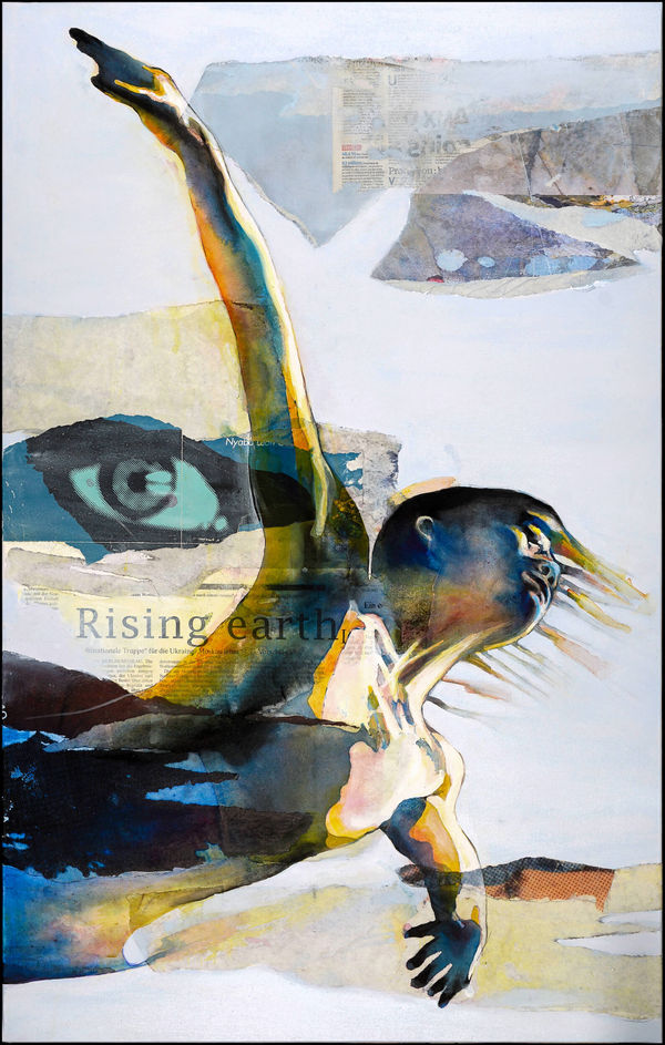 Bruce Clarke, Rising Earth, 2026, oil acrylic and collage on canvas, dynamic female figure in motion