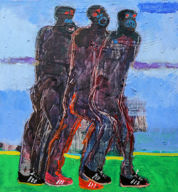 Bob-Nosa - Marching to Freedom - 2021 - 90cm H x 86cm W - Acrylic and spray paint on textured canvas