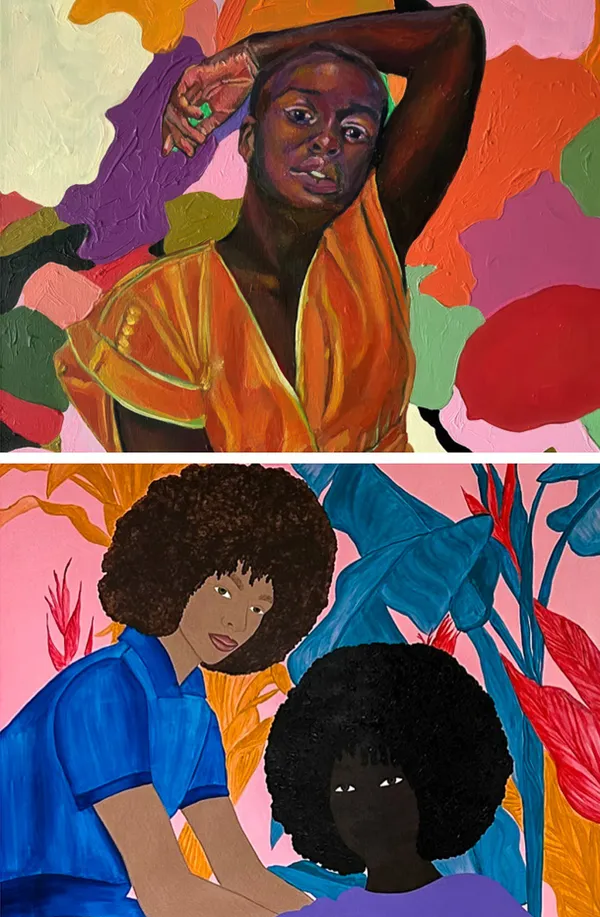 Inner Gardens exhibition view featuring paintings by JOMAD and Tiffany Alfonseca at OOA Gallery