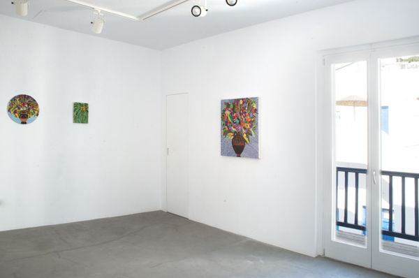 Caroline Larsen Romance On The Islands Amphorea With Achilles And Ajax Windy Palm Terracotta Panathenaic With Flowers Installation Shot