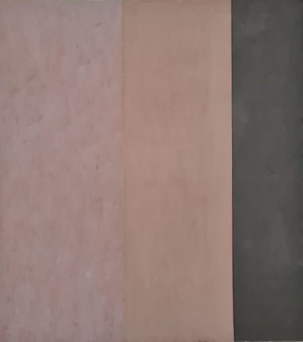 Yuko Shiraishi Contemporary Oil on Canvas titled Between showing three vertical stripes of differing widths, soft shades and textures, the stripe far right being the darkest and smoothest, textures are akin to rough suede.