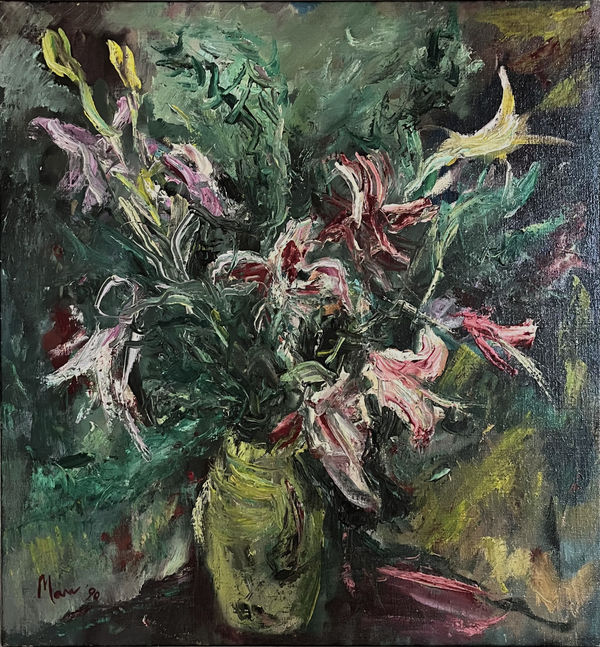 Leslie Marr, lilies, 1990, 75x70 cm, 92 x 87cm framed, oil on canvas