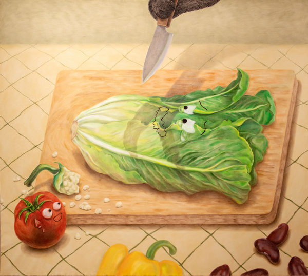 Minyoung Kim, Making a salad, 2022, Acrylic on canvas, 183 x 211 cm