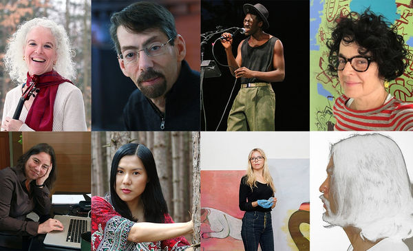 Clockwise from top-left: Martha Mooke, Fred Hersch, Moses Sumney, Jane Fine, Shon Kim, Heidi Hahn, Suki Kim, and Sarah Schulman. COURTESY THE MACDOWELL COLONY