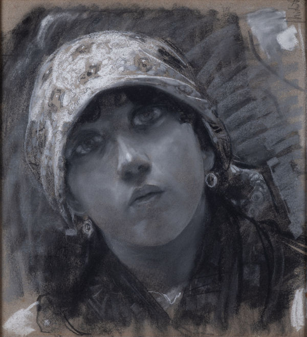 Francesco Paolo MICHETTI, Head of a young girl, 1890 c., Black, grey and white chalk on brownish paper